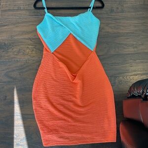 Summer / Spring Blue and Orange Color Block Textures Dress w/ Cutout SIZE L / M